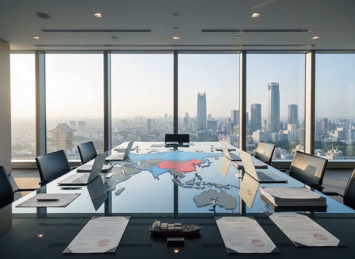 A polished glass conference table stretches across a high-floor meeting room, its surface reflecting a detailed 3D map of East Asia with Japan and China illuminated in subtle blue and red accents. Around the table sit open laptops, neatly stacked bilingual documents, stamped contracts, and a small model cargo ship and airplane symbolizing logistics. Floor-to-ceiling windows reveal a modern city skyline with both Japanese and Chinese architectural elements. Soft morning daylight pours in, balanced by cool recessed ceiling lights, creating crisp reflections and gentle shadows. Photographic realism at eye-level with a slightly wide angle, emphasizing clarity, professionalism, and strategic collaboration, with a clean, modern corporate atmosphere and a sharp depth of field throughout the frame.