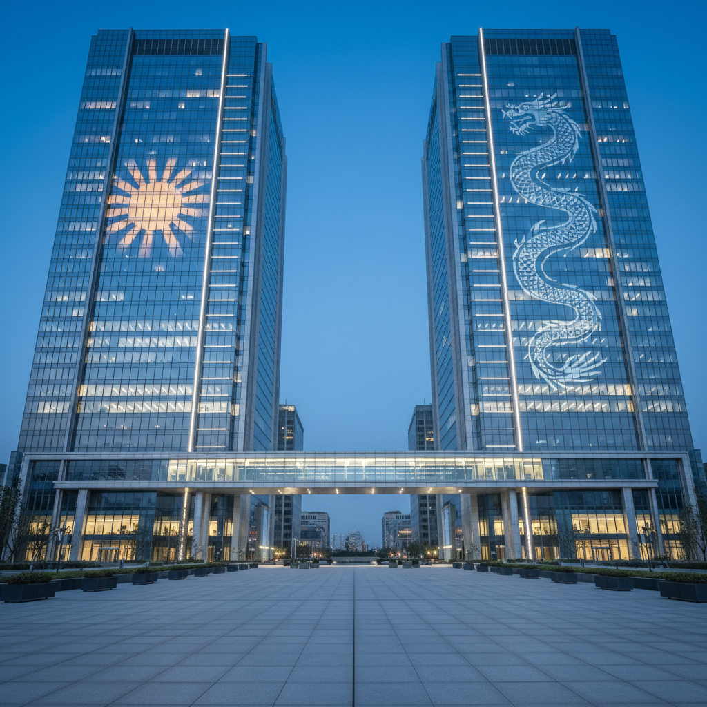 Two towering modern office buildings stand opposite each other across a calm urban plaza, one adorned with a subtle rising sun motif and the other with an elegant dragon emblem in their glass façades, symbolizing Japan and China. Between them, a sleek illuminated bridge of frosted glass and brushed metal connects the towers, representing business partnership. Evening blue-hour light bathes the scene, with warm interior office lights glowing inside both buildings. The mood is stable and trustworthy, shot in photographic realism from a low-angle perspective to emphasize scale and ambition, with sharp focus and a balanced, symmetrical composition that conveys cross-border corporate strength.