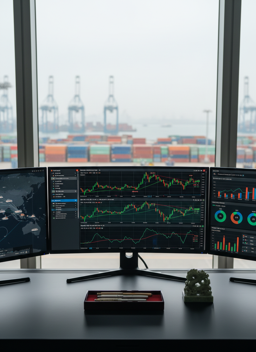 A meticulously organized trading desk features three ultra-wide monitors displaying real-time currency charts for yen and yuan, logistics dashboards with cargo ship routes across the East China Sea, and bilingual business dashboards. The matte black desk holds a Japanese-style lacquered pen tray beside a Chinese carved jade paperweight, highlighting cultural harmony. Large windows in the background reveal a hazy harbor with stacked shipping containers and distant cranes. Soft overcast daylight diffuses across the room, with subtle reflections on the monitor glass. Captured in photographic realism from a slightly elevated angle with shallow depth of field, the focus rests on the central monitor, creating a precise, analytical, yet calm atmosphere suitable for strategic decision-making.